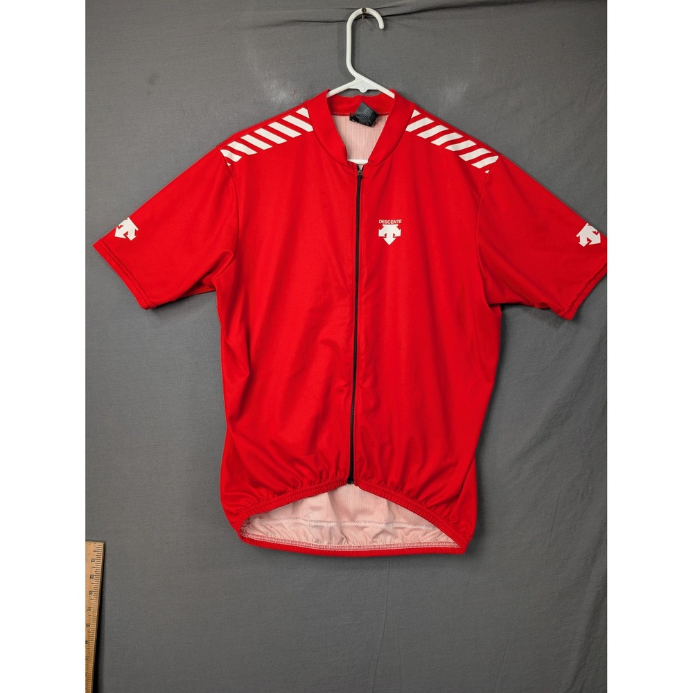 Descente Mens Cycling Jersey Red Short Sleeve Full Zip Stripe Logo 5696